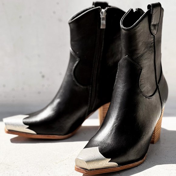 NEW Black PU Leather Metal Cap Toe Block Heel Cowgirl Cowboy Western Ankle Boots - Picture 3 of 14